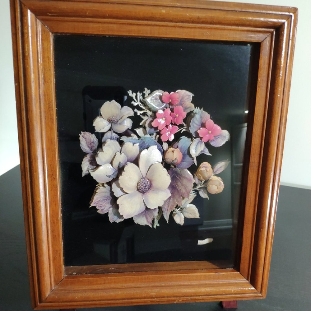 3D Artwork Paper Tole VTG Multi Layer Flower Bouquet Shadow Box Frame Signed 12"